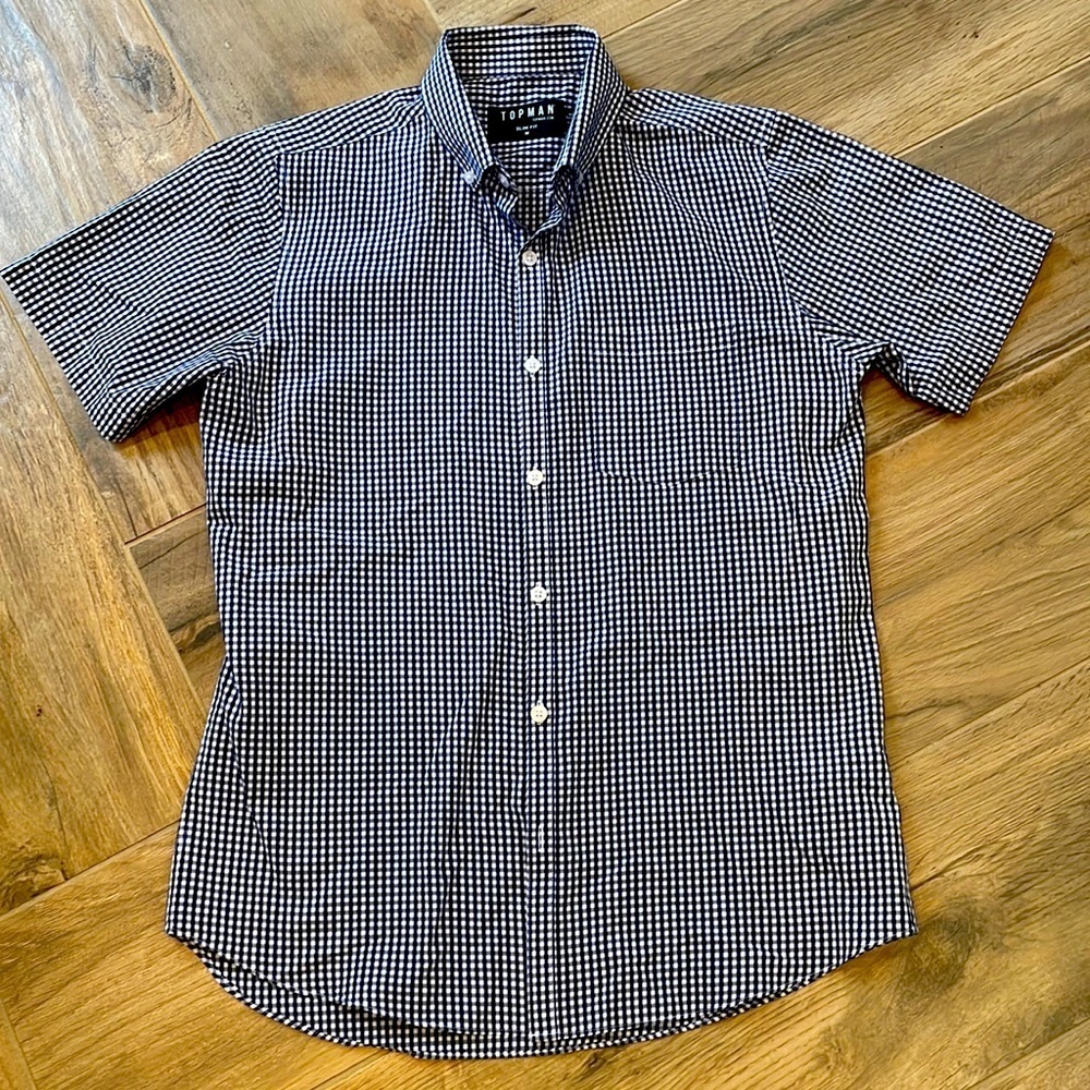 TopMan Shirt Men's Medium Slim Fit Button-Up Blue White SS